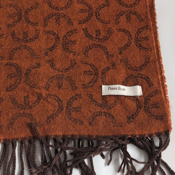 Perry Ellis Rectangular Orange Brown Patterned Scarf - Picture 2 of 8